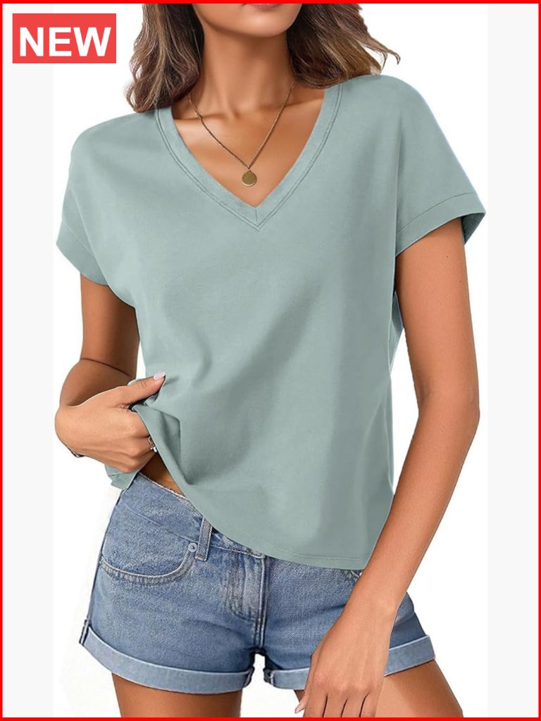Women's Cotton Blend Cap Sleeve Crop Tee Loose Fit V-Neck T-Shirt